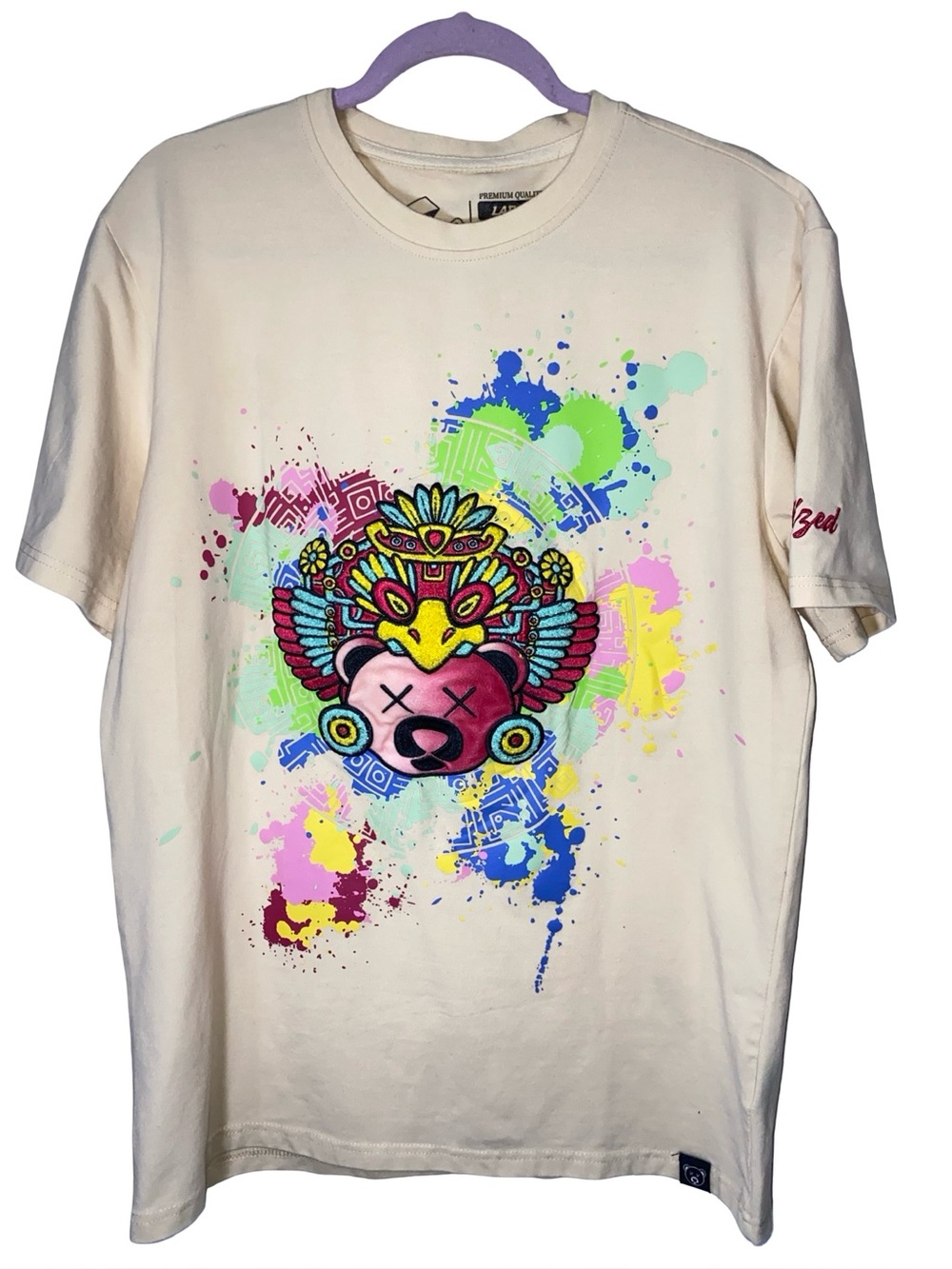Civilized Clothing Graphic T-Shirt Beige Large Multi-Color Splatter Aztec Bear